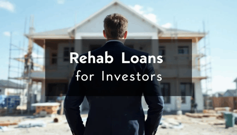 Rehab Loans for Investors - In this image, a real estate investor stands with his back to the camera, proudly observing the construction of an investment property. A transparent overlay in the center features the title "Rehab Loans for Investors," highlighting the importance of financing options for renovation projects in real estate.