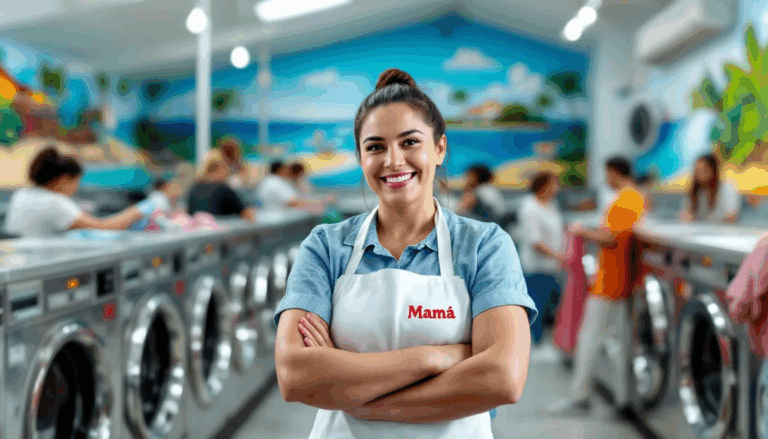How Much Does it Cost to Start a Laundromat - In the image, a small business owner stands confidently inside their newly built laundromat, smiling at the camera, while the busy atmosphere showcases numerous customers utilizing the laundry services in the background, reflecting the success of their laundromat business venture. The scene highlights the importance of thorough market analysis and solid financial planning for aspiring laundromat owners.