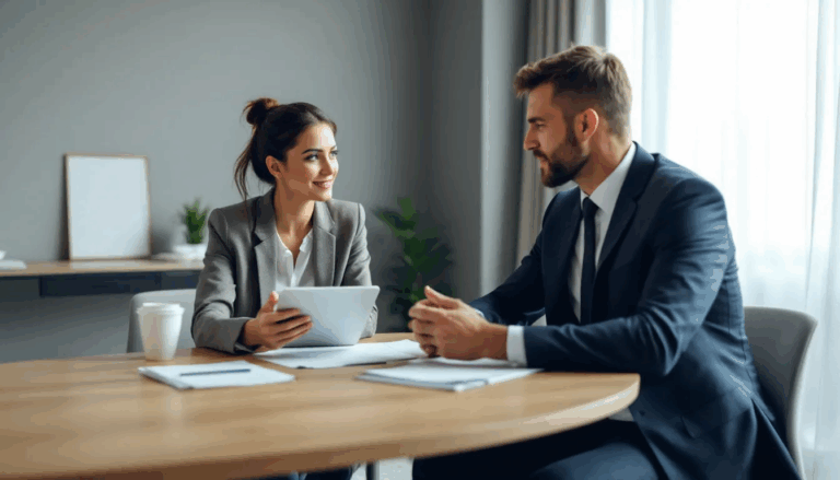 What is Subordinated Debt in Business Financing - In the image, a small business owner is engaged in a discussion with a business loan broker about various financing options, including subordinated debt and its implications compared to senior debt. They are seated at a table, with financial documents and a laptop open, indicating a serious conversation about investment risks and repayment priorities.