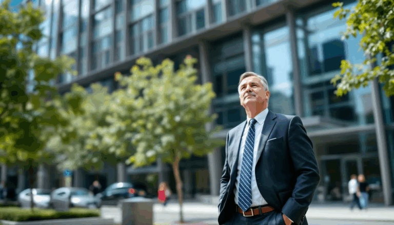 What is a Commercial Equity Line of Credit - A small business owner stands thoughtfully in front of an office building, contemplating how to utilize a commercial equity line of credit to enhance cash flow and cover business expenses. The image captures the essence of small business financing and the strategic decisions involved in accessing commercial real estate loans.