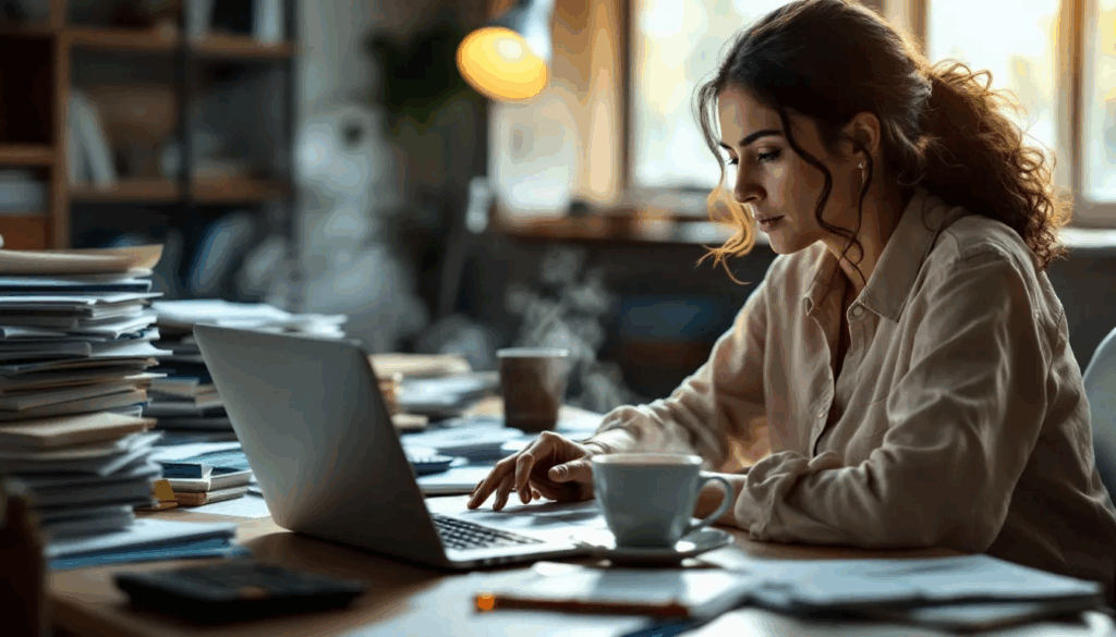 What is the Collateral Coverage Ratio & Formula - Small business owner calculating collateral coverage ratio at desk with financial documents.