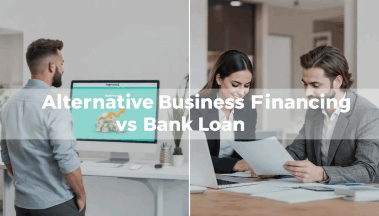 Alternative Business Financing vs Bank Loans - The image features a split screen comparison of alternative business loans and bank loans. On the left, a small business owner is excitedly looking at a computer screen displaying the word "Approved" along with a cash stack icon, symbolizing an online business loan, while on the right, another small business owner is engaged in a meeting with a bank manager, reviewing paperwork for a traditional business bank loan. A transparent overlay at the top reads “Alternative Business Financing vs Bank Loans.”