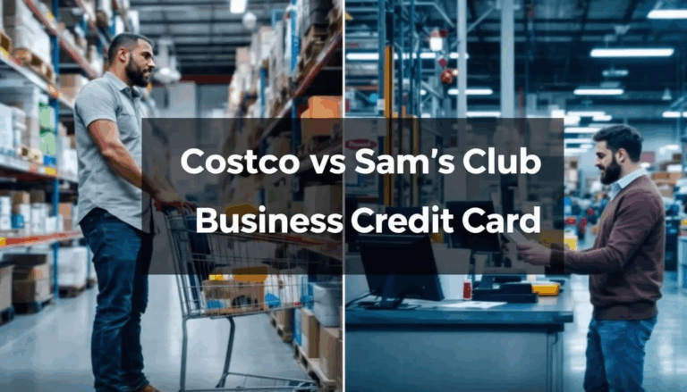 Costco vs Sam's Club Business Credit Card - In the split screen image, a small business owner is seen shopping in a big box warehouse store on the left, while on the right, another business owner is at the point-of-sale checkout preparing to swipe a credit card. A transparent overlay in the center displays the title “Costco vs Sam’s Club Business Credit Card,” highlighting the comparison between the two membership options for business credit.