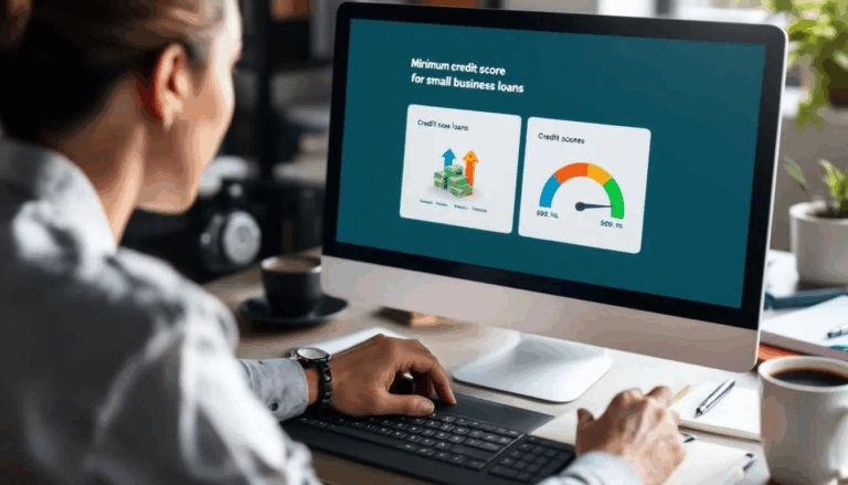 Minimum Credit Score Requirements for Small Business Loans - A person sits at a desk working on a desktop computer that displays a presentation slide. The slide shows the title "Minimum Credit Score Requirements for Small Business Loans" at the top, with two graphics below: one of stacked dollar bills with upward arrows and another of a colorful credit score gauge pointing to 690. The workspace includes a keyboard, coffee cup, pencil, and background office items.