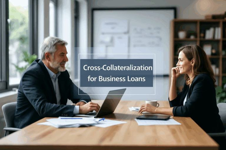 What is Cross-Collateralization in Business Lending - A professional business meeting takes place in a modern office with large windows and shelves in the background. A man with gray hair and a beard, wearing a dark blazer, sits across from a woman with long brown hair in a black blazer. They are smiling and engaged in discussion at a wooden table with a laptop, papers, and a coffee cup. Overlaid text in the center reads “Cross-Collateralization for Business Loans.”