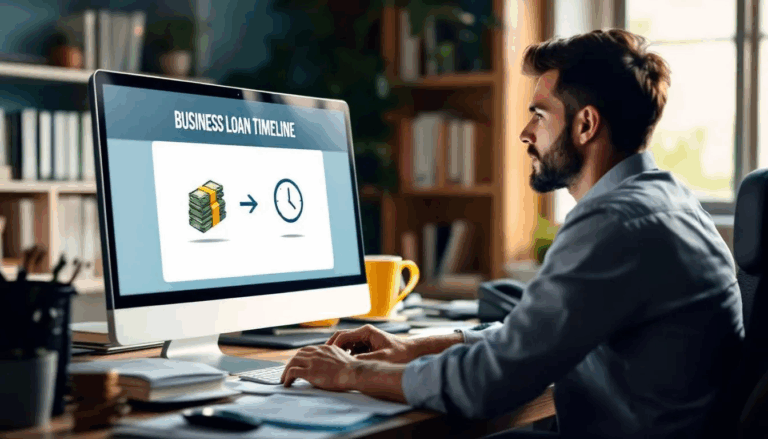 How Long Does It Take To Get A Business Loan - A small business owner is intently researching business loan options on their computer, which displays an icon of a stack of cash with an arrow pointing to a clock, symbolizing the business loan timeline. The title "Business Loan Timeline" is prominently featured at the top of the screen, highlighting the inquiry "how long does it take to a get a business loan?"
