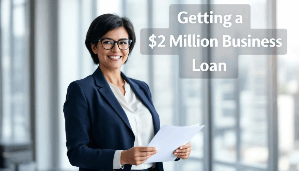 How to Get a $2 Million Business Loan - A small business owner is shown joyfully receiving a significant business loan, symbolizing the opportunity to expand operations. The image features a transparent overlay with the title "Getting a $2 Million Business Loan," highlighting the importance of business loans for entrepreneurs seeking growth.