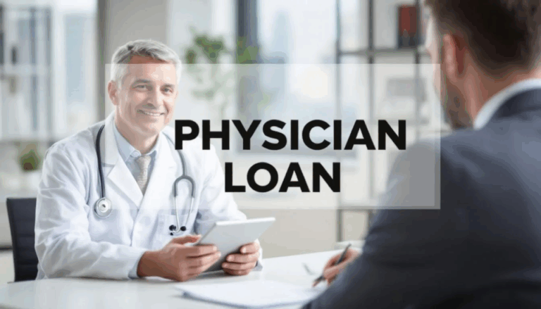 Physician Loan - A doctor in a white lab coat is engaged in a discussion with a mortgage lender about securing a physician mortgage loan for purchasing a home. The image features a transparent overlay that reads “Getting a Physician Loan,” emphasizing the focus on financial options for medical professionals.