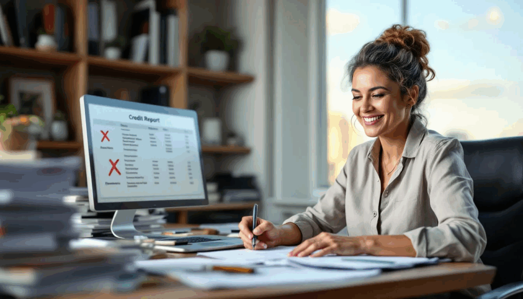 How to Get a Charge-Off Removed - A small business insider is sitting at a desk, reviewing their credit report while taking notes on how to remove a charge-off from their credit history. They are focused on improving their credit score to qualify for small business loans, considering strategies like disputing negative entries and negotiating with creditors.