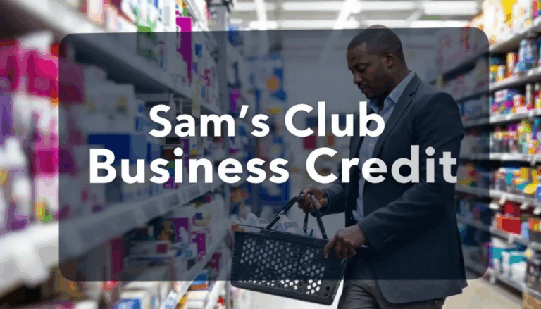 Sam's Club Business Credit Card - A small business owner is seen shopping for supplies at Sam's Club, with a transparent overlay displaying the title "Sam's Club Business Credit Card." The image conveys the environment of a wholesale club, emphasizing the connection between business purchases and the benefits of a business credit card.