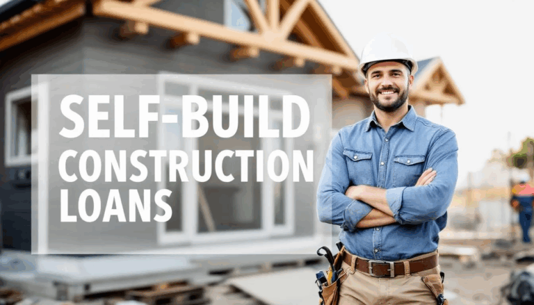 Self-Build Construction Loan Options - A proud homeowner wearing a hard hat stands in front of their self-built home, symbolizing the journey of construction and ownership. The image features a transparent overlay with the title "Self-Build Construction Loans," highlighting financing options for owner builders.
