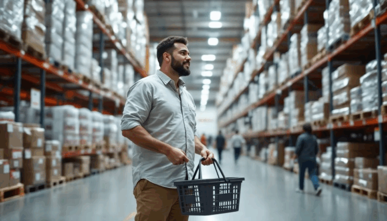 Costco Business Credit Card - A small business owner is shopping inside a Costco warehouse, surrounded by various products and displays. The scene highlights the benefits of a paid Costco membership, where members can take advantage of cash back rewards and exclusive offers.