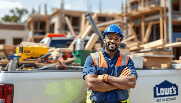 Lowe's Net-30 Account - An independent contractor stands proudly in front of a pick-up truck filled with supplies at a job site, symbolizing success and the benefits of using a Lowe's Net-30 account for managing business expenses. The scene highlights the contractor's ability to build business credit through smart purchases and efficient financial management.