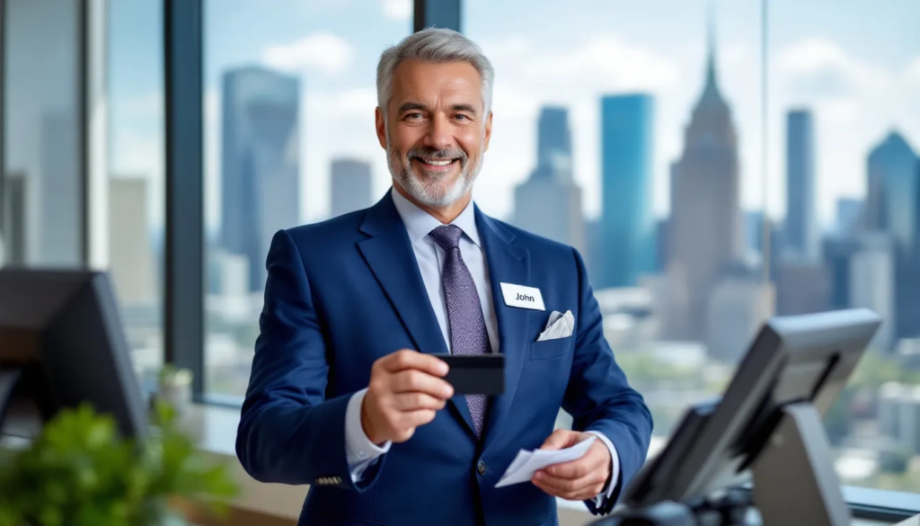 Best Cash Back Business Credit Cards - In the image, a small business owner is using a business credit card to make essential purchases at an office supply store, emphasizing the importance of managing business expenses effectively. This scene highlights the benefits of cash back business cards, like the triple cash rewards visa, for maximizing savings on eligible purchases. annual fee redeem rewards, account owner's card,